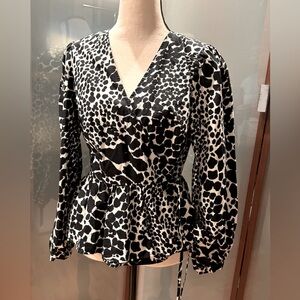 Size small animal print wrap blouse long sleeve, black and white
